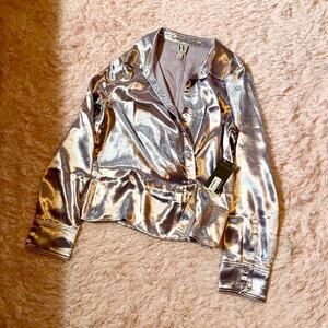 Lavender Metallic Peplum Grandma Core Eclectic Vivid Futuristic Button Blouse